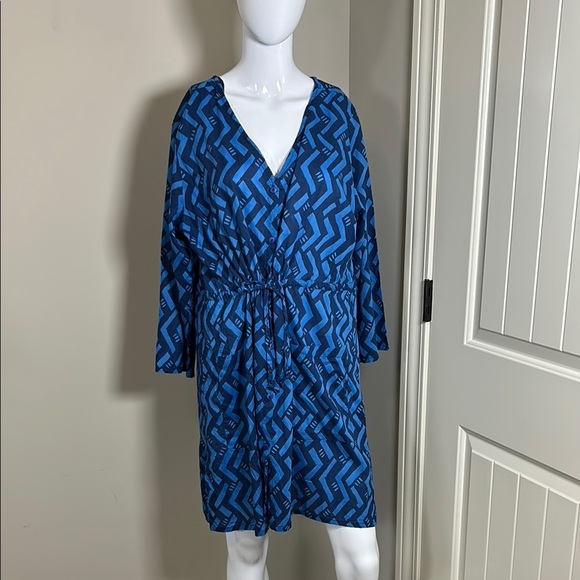 Gudrun Sjoden Blue Organic Cotton Dress Geometric Patterned Cinched Waist Sz L - Picture 1 of 14